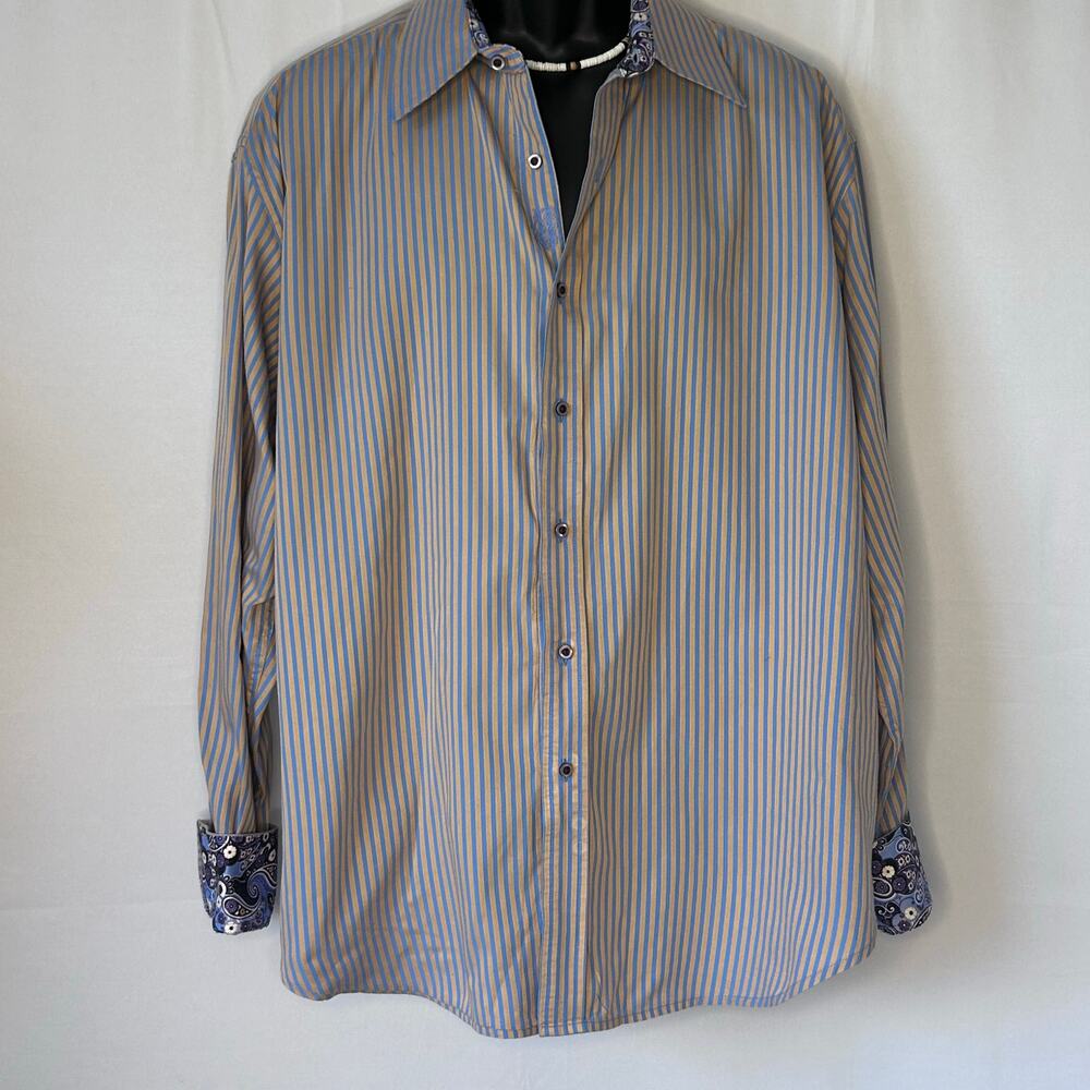 Robert Graham Blue Tan Stripe Button Down Shirt Paisley Cuff Flip 2XL